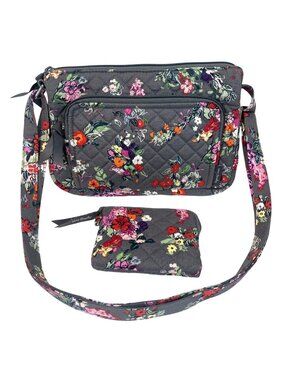 Vera Bradley Gray Floral Quilted Crossbody Bag With Detachable Pouch Adjustable